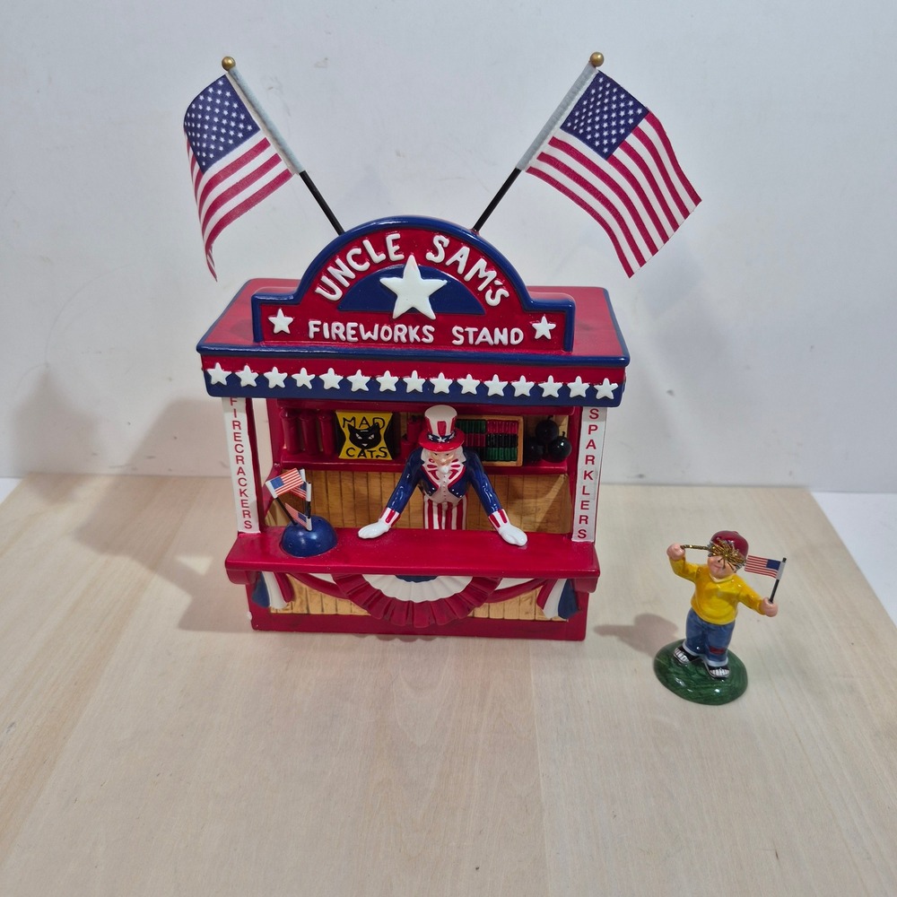 Department 56 Snow Village Uncle Sams Fireworks Stand 54874 2pc Set Patriotic